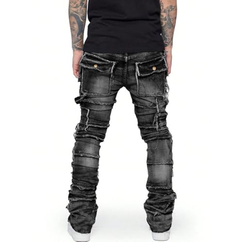 Mens Stacked Jeans Slim Fit Ripped Distressed Straight Leg Denim Pants with Multi Pockets2