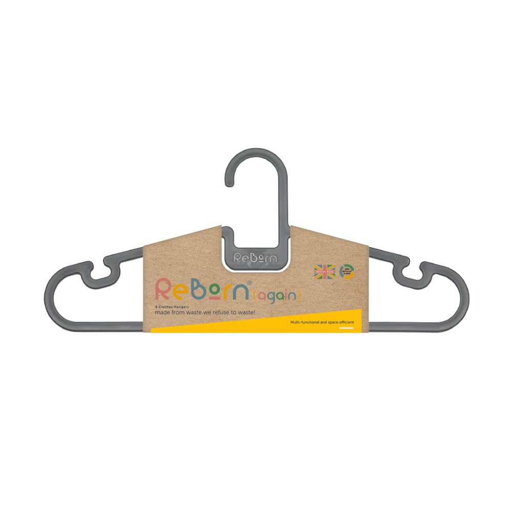 ReBorn - Recycled (Again) Coat Hangers (Pack of 8) - Clothing & Wardrobe Storage - Notches to Hang Garments with Thin Straps - Tie/Belt Hanger - Robust Compact Design - Made in Britain (8)