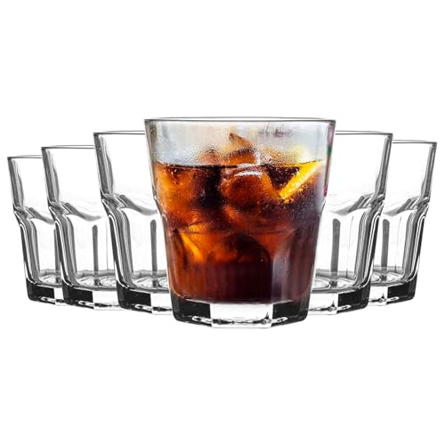 Tradineur - Juego de 6 vasos de cristal, modelo Aras, resistentes, base gruesa, servir agua, licores, bebidas, fiestas, uso diario (200 ml, 8 cm)