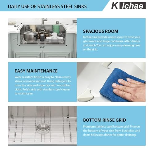 Image of Kichae 28 Drop in Kitchen Sink - 28x22 Inch Kitchen Sink Drop in 16 Gauge Stainless Steel Single Bowl Handmade Topmount Basin with Drain Strainer