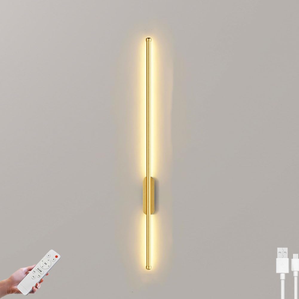 HYJAUSXB Rechargeable Cordless LED Wall Lamp with Remote - 100cm Dimmable Indoor Reading Light Wireless Gold Sconce for Bedside and Living Room Decor