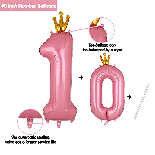10 Balloon Number Pink 40 Inch Pink Number 10 Balloons Mylar Helium Crown Number Balloons Girl 10Th Birthday Anniversary Party Decor Supplies #TOP1