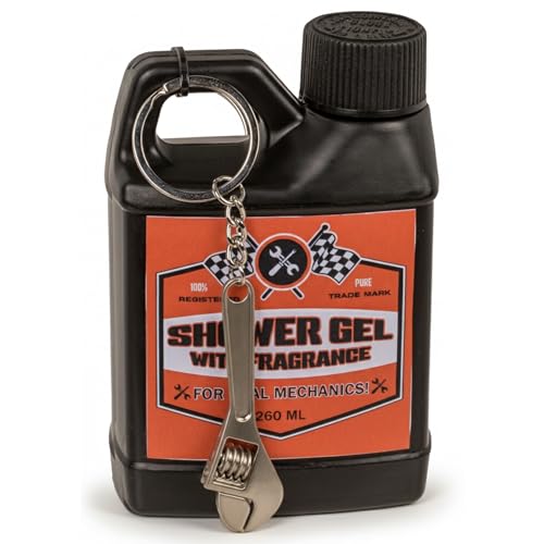 MIJOMA Duschgel im Motoröl-Kanister 260 ml mit Werkzeug-Schlüsselanhänger, Frischer Duft für Männer Fun-Duschgel für Schrauber Mechaniker Auto-Fans Werkzeug-Look