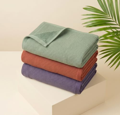 Image of Mush Bamboo Dual Texture Waffle Terry Bath Towel Set of 3 | 500 GSM Ultra Soft, Highly Absorbent, Quick Dry Towels | Large Towels for Bath, Gym, Spa | Green, Orange & Grey (70x140 cm)