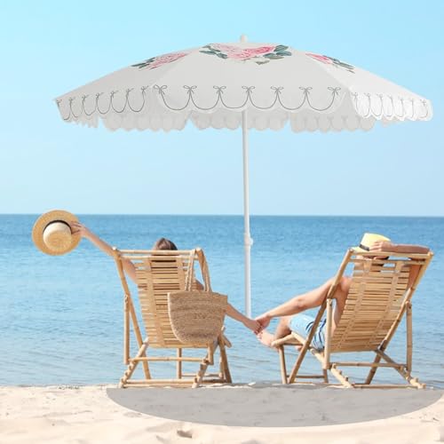 6ft Outdoor Patio Umbrella Waterproof UPF50+ Beach Umbrellas for Sand Portable Tilt Boho Pool Umbrella White Outdoor Umbrella with Carry Bag 8 Ribs & Iron Pole Patio Table Umbrella - Image 3