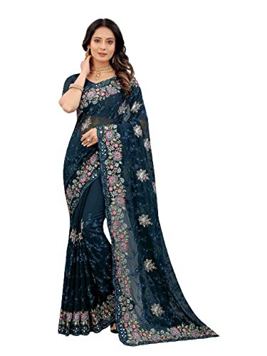 Sari indien Georgette brodé Resham Zari bleu sarcelle pour mariage musulman 2625