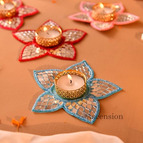 Image of Ascension Pack of 5 Decorative Mirror Floral Tealight Candle Holder Multicolor Star Design Reusable Diya for Floor Rangoli Decorative Items for Gift Indoor Outdoor Diwali Decoration Home Office Decor