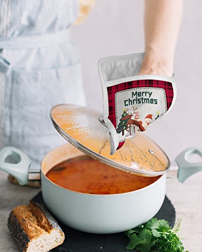 Christmas Santa Claus Reindeer Pot Holders With Pocket For Kitchen, Heat-Resistant Potholders Set Of 2, Hot Pads Oven Mitts With Hanging Loops For Home Cooking Baking Microwave, Buffalo Plaid #TOP3