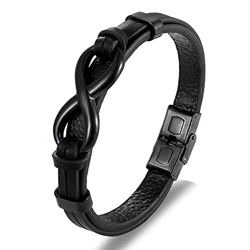 NEHZUS Pulseras de pana de cuero genuino de acero inoxidable infinito para hombre para él pulsera brazalete de muñeca, 21 centimeters, Acero inoxidable, Sin gemas