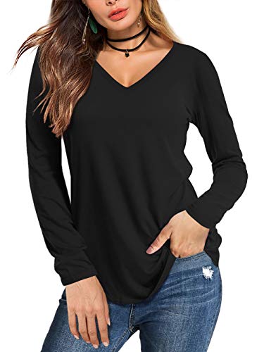 Beluring Basic Womens Top Plain V Neck Long Sleeve Tshirts (Black L)