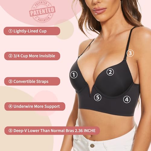 Image of Low Back Bras-Seamless Deep-V Plunge Invisible Backless Bra-Underwire Lightly Lined Halter Multiway Low Cut Bra