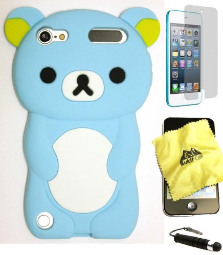 Bukit Cell 3D Cartoon Bundle 4 Items: Baby Blue Bear Soft Silicone Case for iPod Touch 6 6th Generation / 5 5th Generation + Cleaning Cloth + Screen Protector + Metallic Stylus Touch Pen