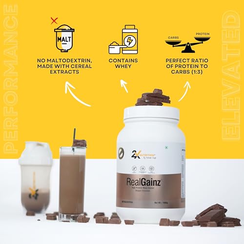 Image of REALGAINZ by 2X Nutrition | High-protein mass gainer | 78g Carbs per serving | High protein (26g) Natural weight gain | Build lean muscle mass | contains digestive enzymes (1Kg, Belgian Chocolate)
