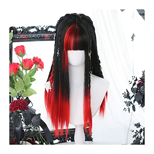 Perruque cheveux dégradé noir rouge de cosplay longue et droite avec frange synthétique