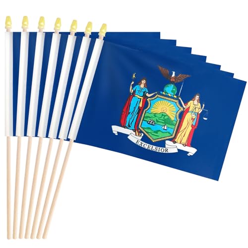 20 Pack Handheld New York Flags 5x8 Inch, Small NY State Flags on Wooden Sticks with Spear Top for Patriotic Decorations and Independence Day