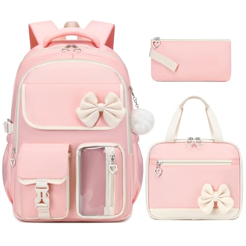 GeeWin Girls Backpack for School with Lunch Box & Pencil Case Set 17 Inch Waterproof Cute Bow Girls Bookbag for Kids Teens Elementary Middle High College School Student (Pink/Beige)