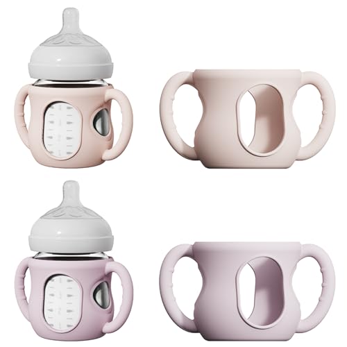 2 Pack Silicone Sleeves for Avent Natural Glass Bottles, Anti Breakage Bottle Holder with Handle, Compatible with Philips Avent Glass Natural Bottle 4 oz