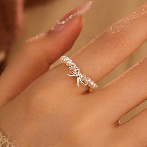 925 Sterling Silver Dainty Bow Knot Beads Ring for Women Mom with Pearl Black Red Agate Cute Jewelry to Daugther Elastic Adjustable Stacking Elegant Trendy Finger White Bow Ring Wedding Christmas Gift2