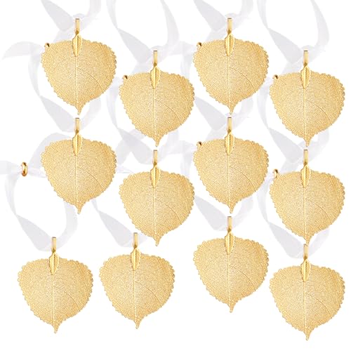 Thyle 12 Pcs Aspen Leaf Ornament Table Gift 24k Gold Dipped Real Leaves 1.8 Inch with Ribbon Ties Bottle of Wine Ornament Decor Gift for Wedding Valentines Holiday DIY Craft