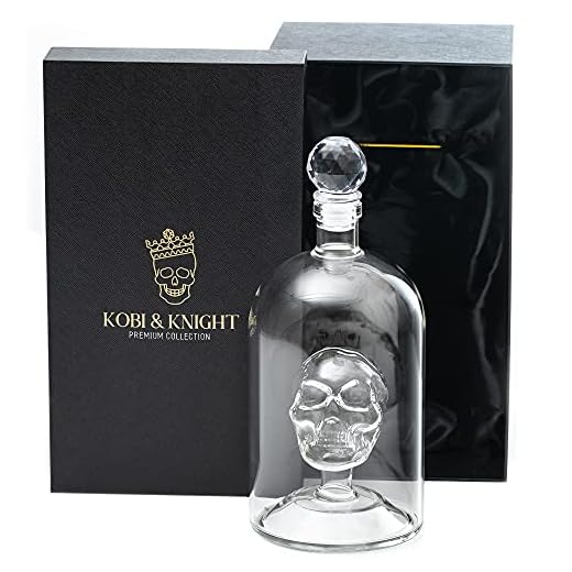 Kobi & Knight Premium Skull Decanter - Handmade Skull Whiskey Decanter with Airtight Stopper - Borosilicate Glass Skull Decanter - Thick Vodka, Rum, Gin, Tequila Bottle - 25fl oz / 750ml Skull Barware
