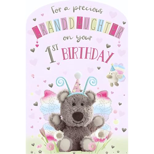 Cartão de primeiro aniversário para neta – idade 1 – Precious Granddaughter – Acabamentos especiais – design de urso de cevada e borboleta, folha de inserção ilustrada, fabricado no Reino Unido