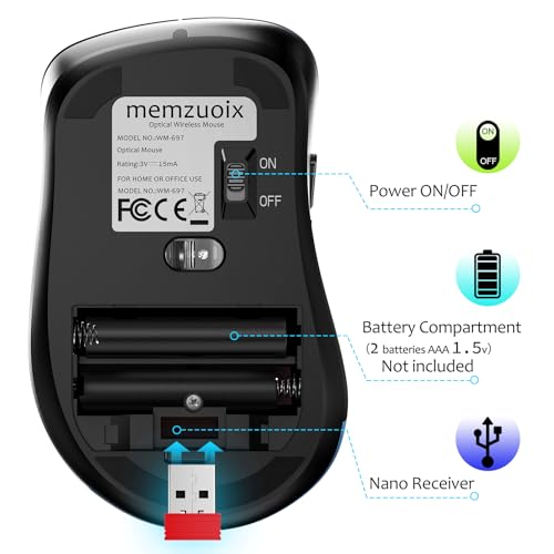 Image of memzuoix 2.4G Wireless Mouse, 1400 DPI Computer Mice with USB Receiver, Portable Wireless USB Battery Powered Cordless Mouse for Laptop, PC, Desktop, 5 Buttons (Matte Black)