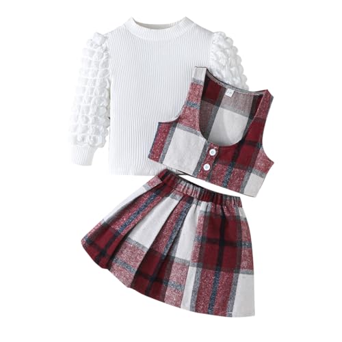 Image of Toddler Girls Christmas Outfits Girls Puff Sleeve Knit Ribbed Tops Button Down Vest Plaid Skirt Set Winter Clothes