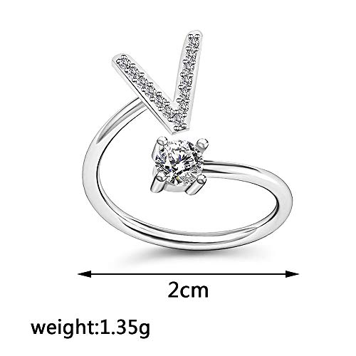 Image of HUJUON Silver Initial Letter Ring for Women. Adjustable Crystal Alphabet Ring,Name Initials Stackable Knuckle Rings A-Z CZ Open Ring