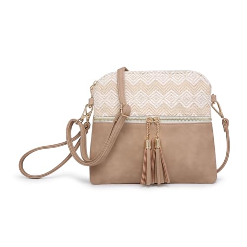 Tara Vegan Leather Crossbody Bags Wristlet Wallets Clutch Purses Shoulder Handbag with Tassel Zippers for Women, Diamond-Beige