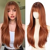 testar Orange Ingwer Lange Wellige Rotbraune Perücken für Damen mit Pony...