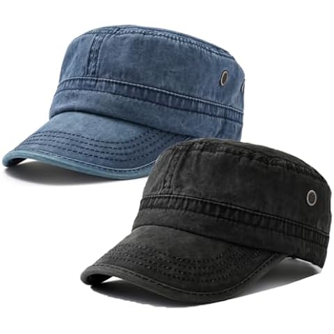 2 Pack Men's Cotton Military Caps Cadet Army Caps Vintage Flat Top Cap Cover
