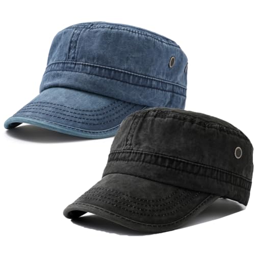 Image of 2 Pack Men's Cotton Military Caps Cadet Army Caps Vintage Flat Top Cap