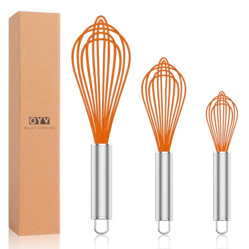 Image of OYV Orange Silicone Whisk, Professional Whisks For Cooking Non-Scratch, Stainless Steel & Silicone Wisk, Plastic Rubber Whisk Tool For Nonstick Cookware Pans, BPA free, Silicon Wisks Set of 3