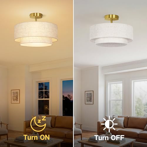 OUTON 16" Semi Flush Mount Ceiling Light Double Drum Gold 3-Light, Modern Linen Fabric Shade Ceiling Light Fixture for Living Room, Bedroom, Kitchen, Dining Room, Hallway and Entryway by OUTON - Used condition - Image 7