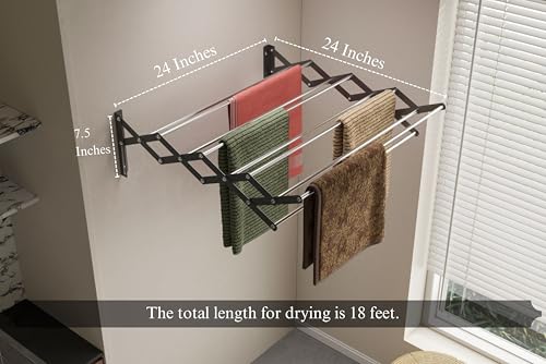 Image of UNOBRIGHT Foldable Wall Mounted Clothes Drying Stand | Heavy Duty Rust Free Stainless Steel Multi Rod Laundry Rack | 2 Feet, 9 Rods | Space Saving for Balcony, Bathroom & Laundry Room