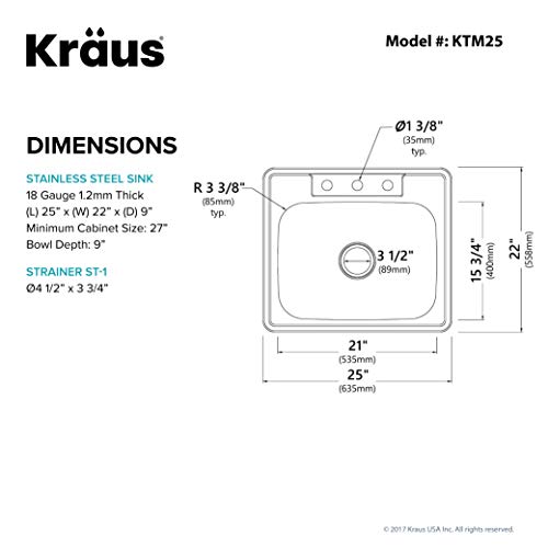Kraus Ktm25 25 Inch Topmount Single Bowl 18 Gauge Stainless Steel Kitchen Sink #TOP2