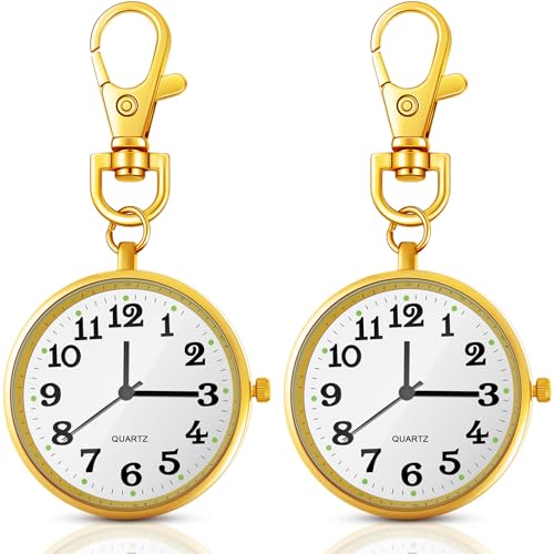 Junkin 2 Pieces Quartz Pocket Watch with Key Buckle Round Keychain Clip on Watch Portable Unisex (Golden)