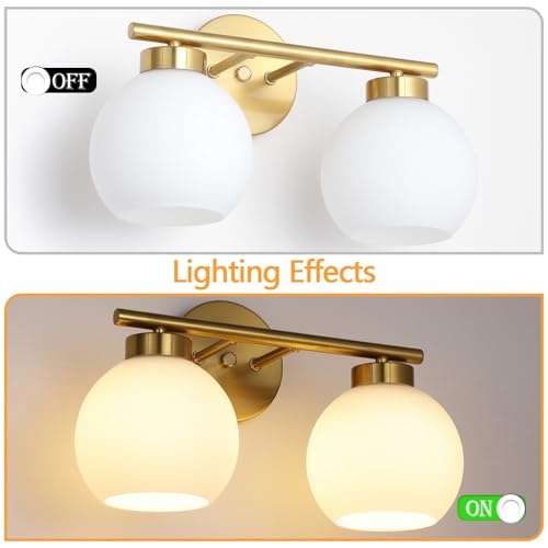 Image of 2 Light Bathroom Vanity Light, Gold Bathroom Light Fixtures Over Mirror, Mid Century Modern Wall Sconce with Frosted Globe Glass Shades, Brass Vanity Light, E26 Socket