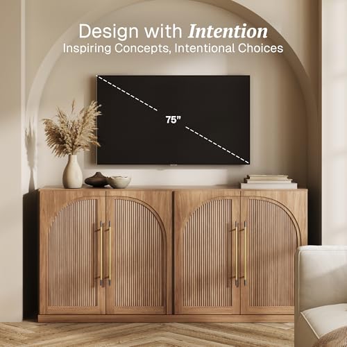 Image of BELLEZE 65 Inch Sideboard Cabinet with Double-Arc Wood Doors, Large Buffet Cabinet with Storage and Adjustable Shelves, Classic Modern Console Table for Dining Room Living Room Entryway (Camel)