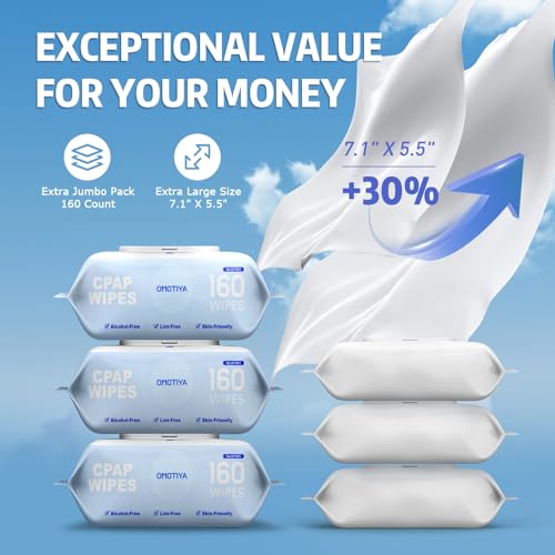 Image of CPAP Mask Wipes, 160 Count Super Jumbo Pack, FSA /HSA Eligible, Extra Large & Moist, Unscented, Lint Free, Alcohol Free, Cleansing-Safe, Cleaning Wipes for Mask, CPAP Machine & Supplies, 2-Pack