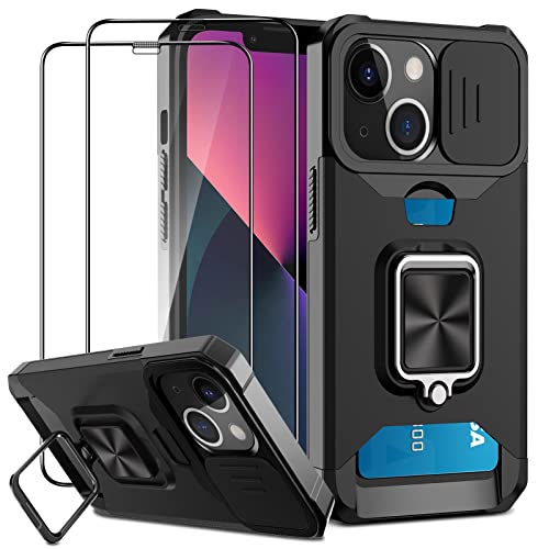 Jusy Funda Compatible con iPhone 13, con 2 Piezas Cristal Templado, Cubierta de cámara Deslizante Proteger y Soporte de Anillo Multifunction Grado Militar Funda (Negro) Cover