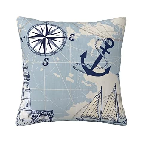 Compass Nautical Anchor Lighthouse Sailboat Double Sided Pillow Covers Vintage Style Design Plush Pillowcases Square Cushion Pillow Cases for Sofa Bed Home Decor 45cm x 45cm (18" x 18") Cover