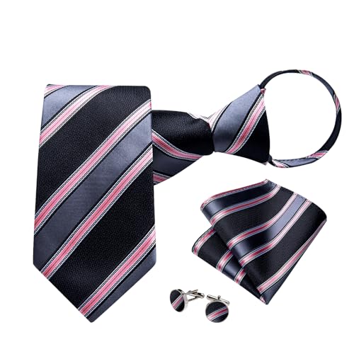 Image of DiBanGu Mens Zipper Ties Silk Adjustable Necktie Pocket Square | Paisley /Striped Pattern,Pre-tied Gift Tie Sets,Jacquard Woven,Pocket Square Cufflinks,Great for Formal & Business Wedding