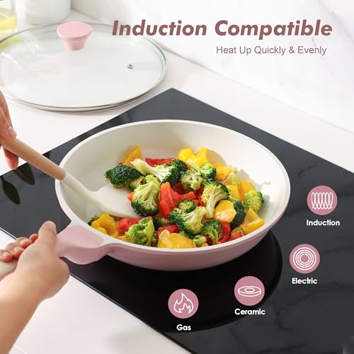 Image of SENSARTE Nonstick Ceramic Frying Pan with Lid 10 Inch Omelet Pan Skillet, Free of Intentionally Added PFAS /PTFE Non-toxic Chef's Pan Induction Compatible Pan, Heat Resistant Handle,Sakura Pink