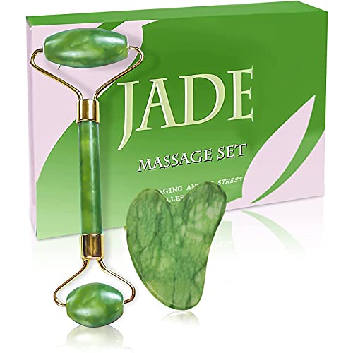 Jade Roller & Gua Sha Set Facial Beauty Tools Face Roller Skin Massager for Face, Neck and Eye Treatment Facial Roller for Skin Care Routine
