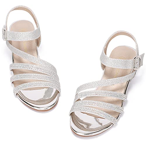Pandaninjia Girls Heels Open Toe Low Heel Dress Pump Sandals Flower Girls Wedding Party Shoes For Toddler Little Kid Big Kid (Silver Glitter, 3 M Us Little Kid) #TOP4