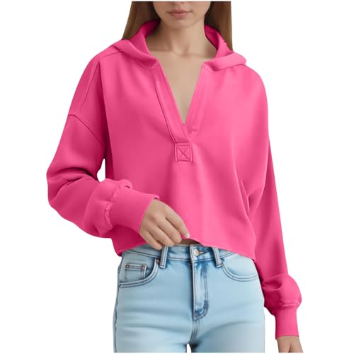 Crop Tops for Women V Neck Hoodies Fashion Teen Girls Y2K Clothes Casual Long Sleeve Workout Shirts Going Out Tops