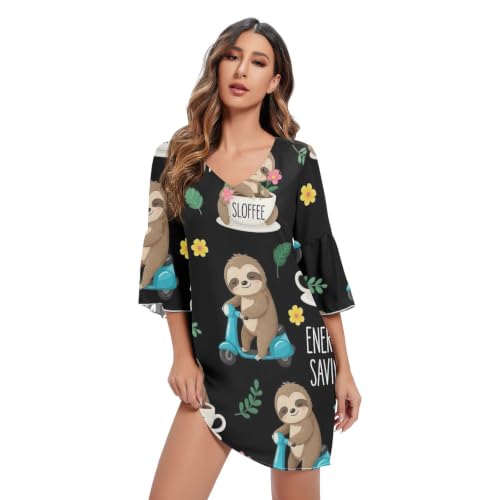 Robe imprimée paresseux floral au col en V élégant et coupe courte hawaïenne chic