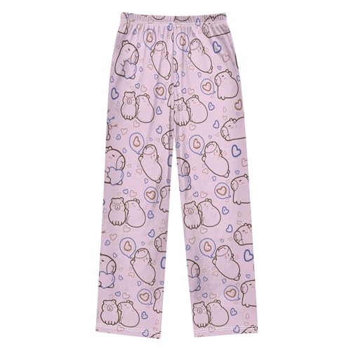 Cute Capybara with Hearts Pink Cute Pajama Pants, Soft Sleepwear Lounge Pants Pajama Pj Bottoms for 6-14 Years2