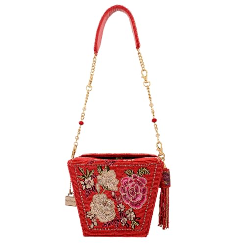 Image of Mary Frances Scarlet Bloom Beaded Top Handle Handbag - Oriental Bridal Purse with Mythical Motif, Red